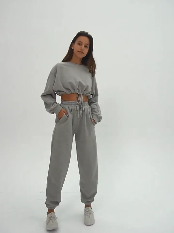 womens tracksuit jogger tracksuit set custom gray crop top