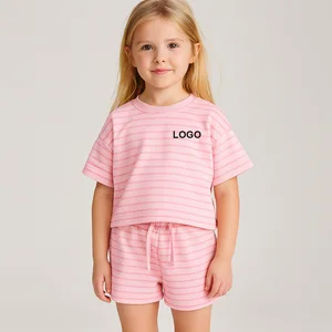 Custom Soft Knit Striped Two-Piece Outfit for Girls Summer 100% Cotton T-Shirt & Drawstring Shorts Set Pink Casual Kids Clothing