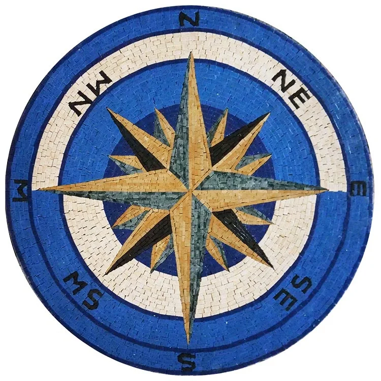 Nature Colors Marble Stone Handmade Compass Mosaic Medallion  Mesh Backing