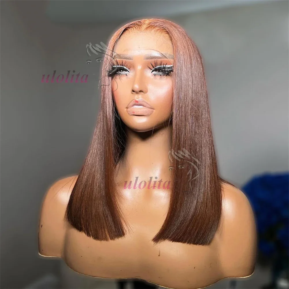 13x4 Lace Front Perücke Bob Echthaar Braun Glatt 180% Volldichte HD Transparent Lace Frontal Perücken_voghion.com
