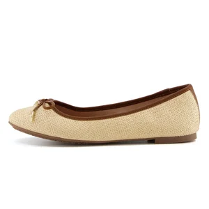Women's Custom Logo Genuine Leather Raffia Ballerina Flats Pumps round Toe Slip-On Bow Tie Ballet Shoes in Plus Sizes for Summer