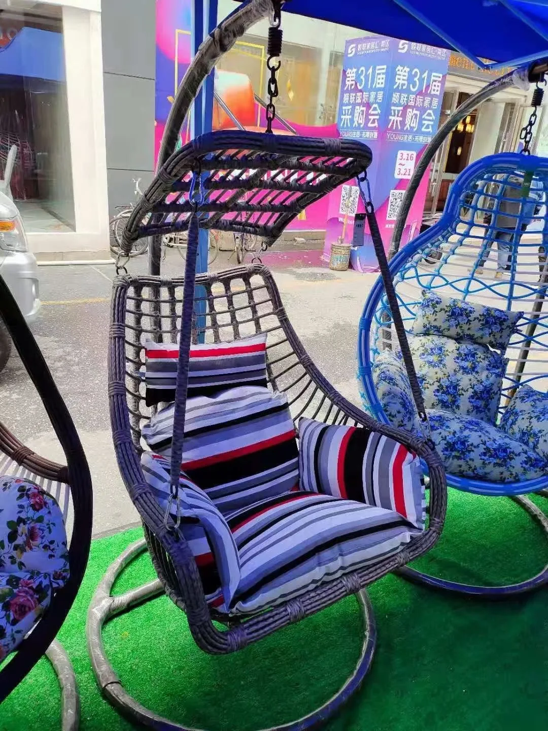 Modern Rattan Hanging Egg Chair With Stand Patio Swings Rocking Basket