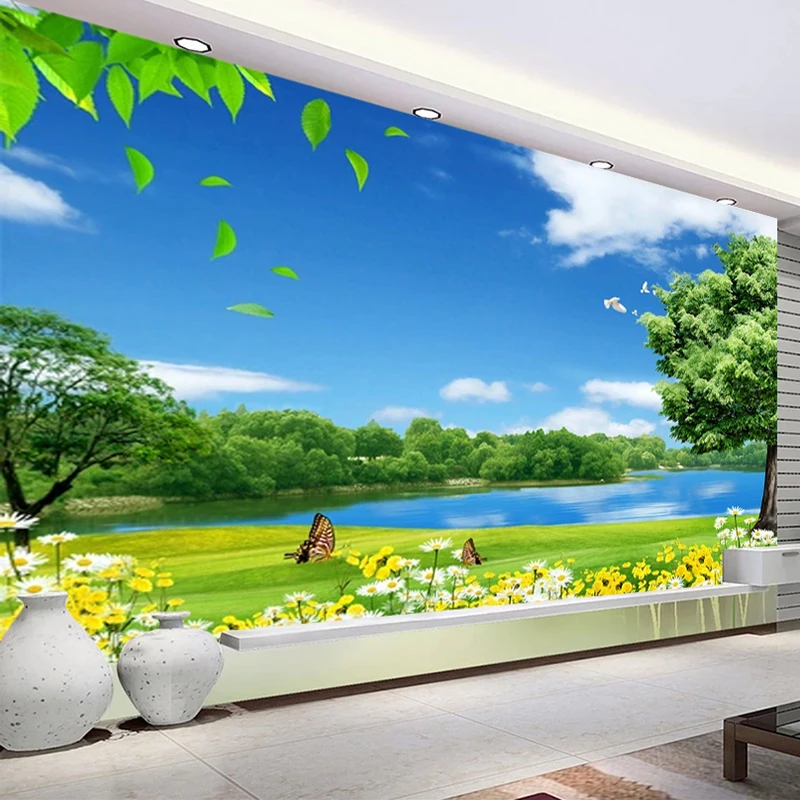 Custom 3d Photo Wallpaper Blue Sky White Clouds Meadow Lake Water Tree Flowers  Nature Landscape Wall Mural Wallpapers Home Decor - Buy Sex Wallpaper,Flower  Wallpaper,Wallpaper Tv Product on 
