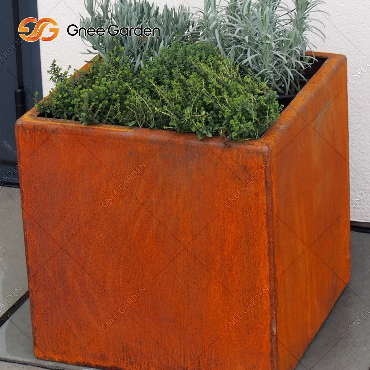 VidaXL Fioriera In Acciaio Corten Arrugginito - Vaso Quadrato 40x40x40 Cm Per Piante E Fiori, Con Staffe Di Supporto, Fondo Aperto