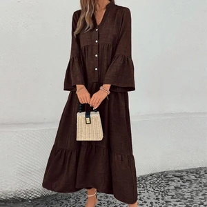 Wisrise Fashion New Arrival Wholesale Casual Fall Loose Long Sleeve V-neck Tunic Ruffle Tiered Dress