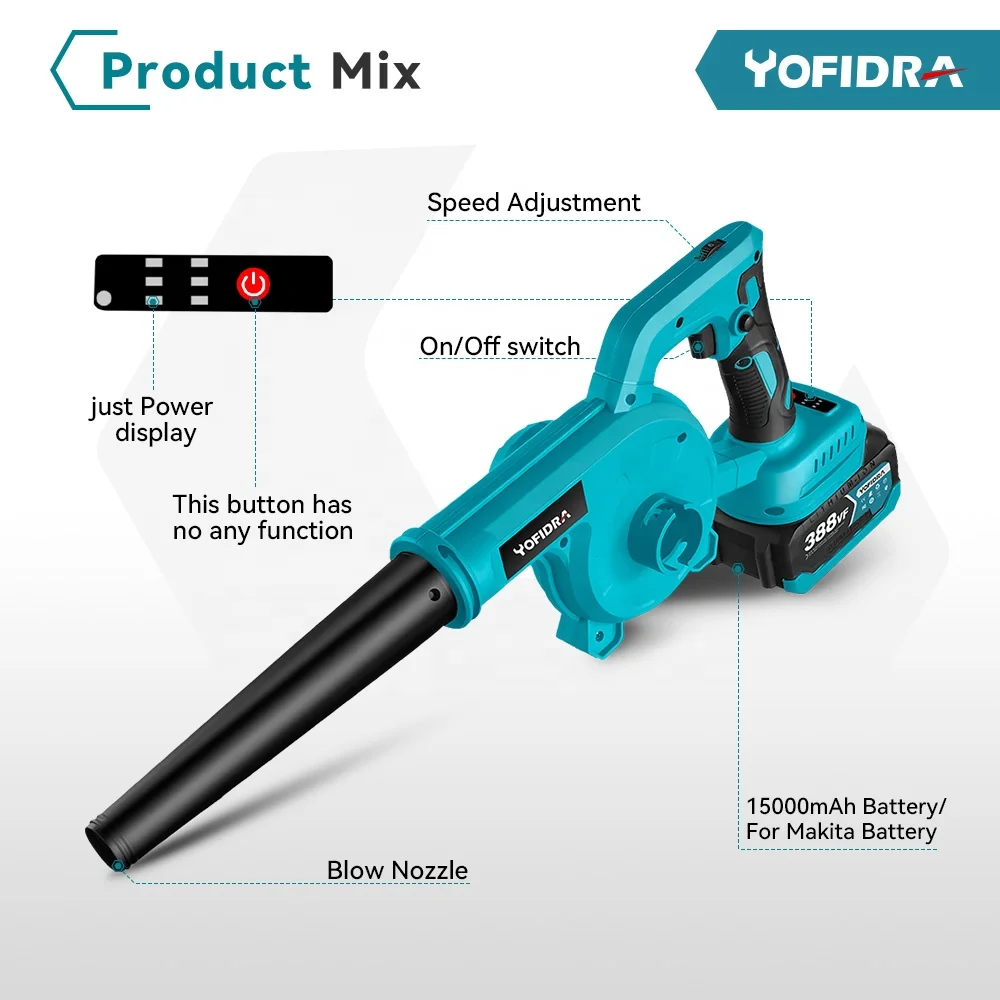 Yofidra Soffiatore per Foglie Senza Fili, 400 km/h, Motore Spazzole 25000 RPM, 6 Velocità, 2 Batterie e Caricatore, Soffiatore a Batteria per Giardino, Foglie, Polvere e Neve