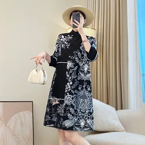 Chinese-style Short Women's Pleated Dress with High-end Printed Oversized Cardigan Dress