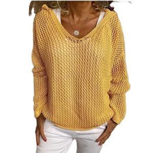 Women's Casual V Neck Pullover Long Sleeve Woven Sweater Hooded Loose Hollow Style Top Anti-Wrinkle Square
