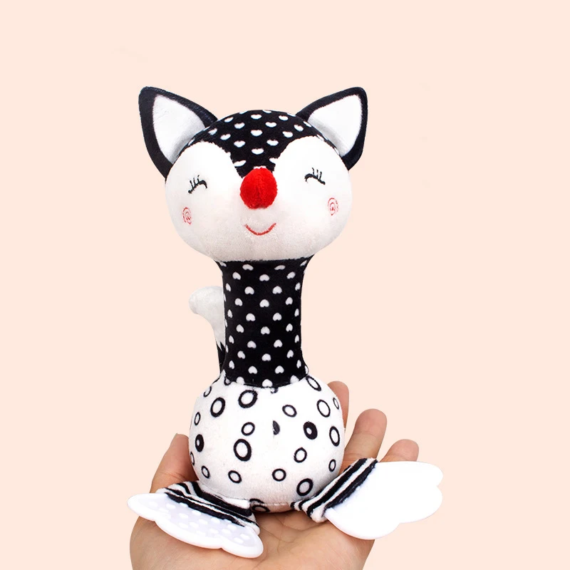 T037 Black and white hand bell baby cartoon fox elephant hand stick plush toy