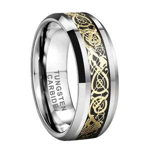 Coolstyle Jewelry 8mm Carbon Fiber Dragon Inlay Beveled Tungsten Ring for Men Women Fashion Engagement Wedding Band Comfort Fit