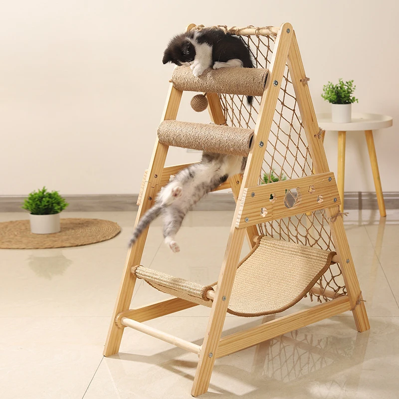 Wooden Cat Tree Tower Foldable Ladder Design with Cat Hammock Sisal Scratch Post Toys Solid Wood Cat Climbing Frame