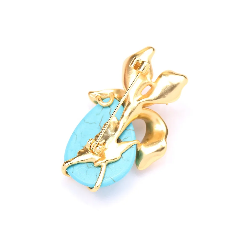 2024 New Arrival Turquoise Flower Brooch 18K Gold Plated Gem Stone Brooches Fashion Accessories Brand Gift Hijab CZ Pins