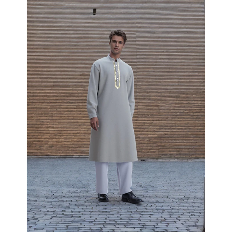 New Arab Thobe Dishdasha Abaya for Men Ramadan Islamic Prayer Robe Embroidered Breathable Long White Muslim Robe