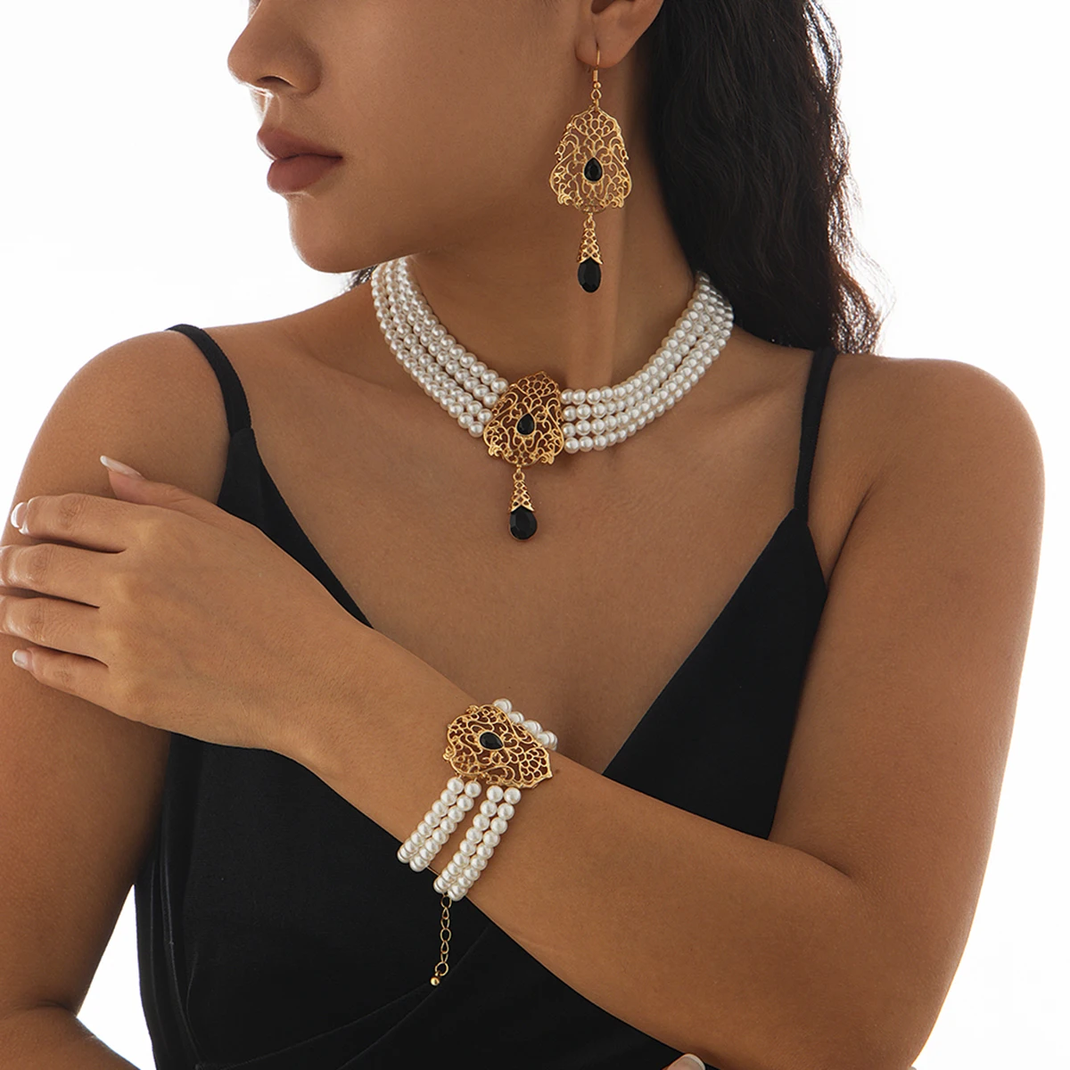 Elegant Imitated Pearl with Multi Color Crystal Choker Necklace Bracelet Earrings Set for Women Trendy Charms Wedding Jewelry