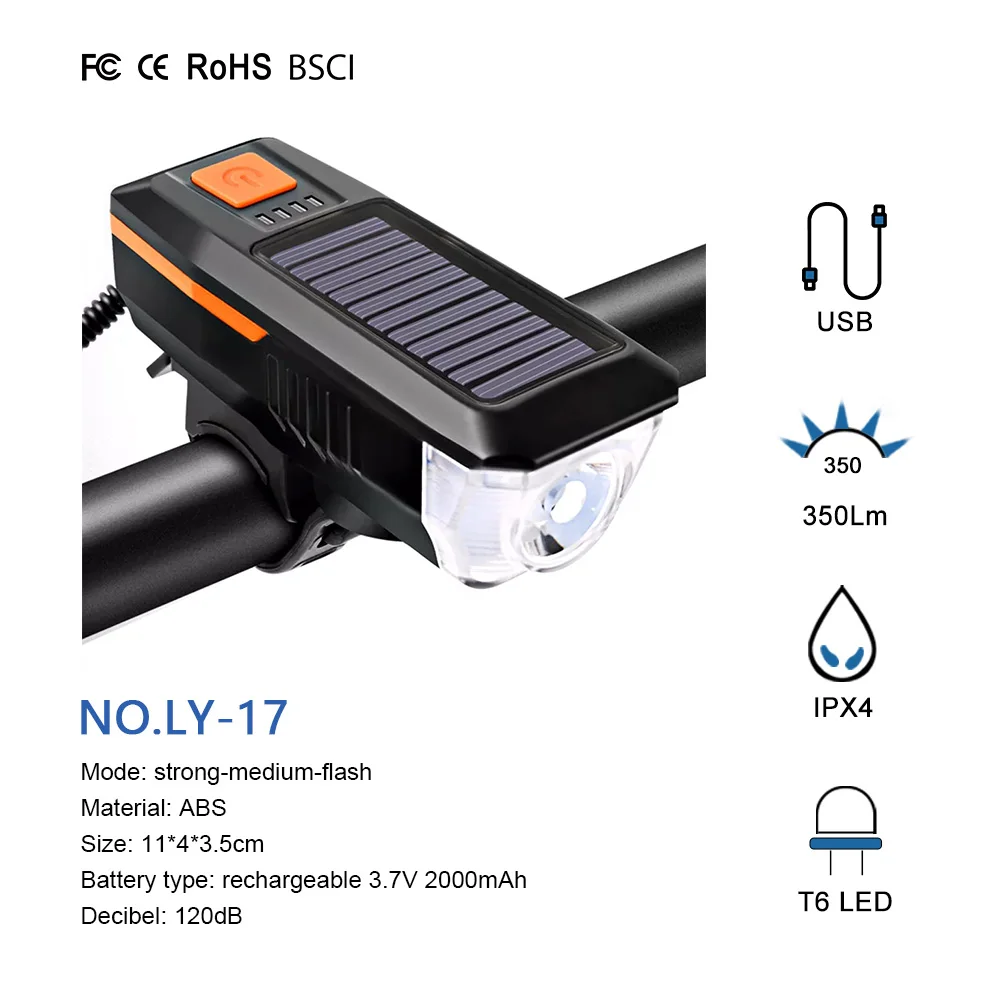 AT Cycle Flood Solar Type-C Rechargeable Powered Electric Bike Headlight Front Lights With Horn Speaker Bicycle Headlight