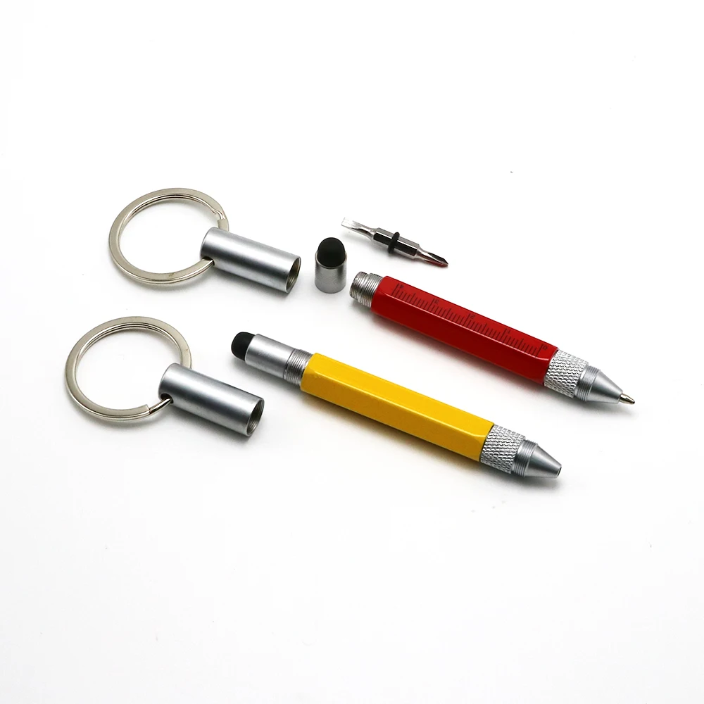 Multi Function Ball Pen 6 in 1 Tool Screwdriver Ruler Mini Metal Ballpoint Pen with Keychain
