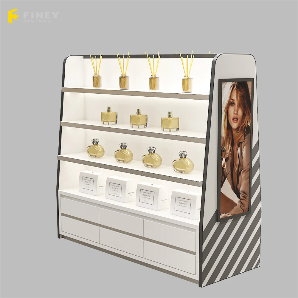 Customized Modern Perfume Kiosk Decoration Design Shop Interior Display Stand Wood Rack Perfume Display Counter