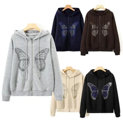 Hothome butterfly rhinestone hoodie full zip up drawstring hoodies sweatshirts pullover jackets with pockets