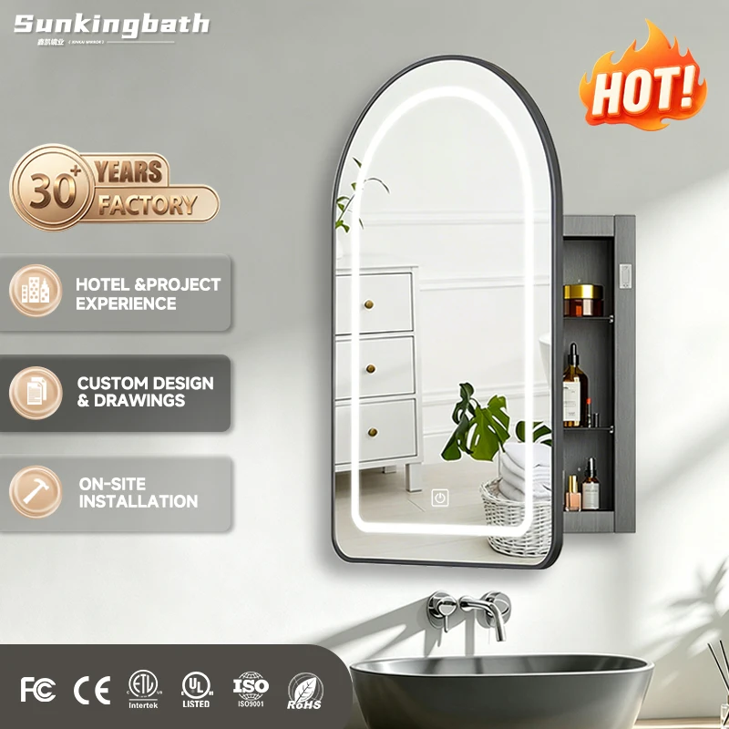American Style Bathroom Cabinet Arched LED Mirror Cabinet with Socket USB Port Anti-Fog Mirror Medicine Cabinet for Luxury Hotel