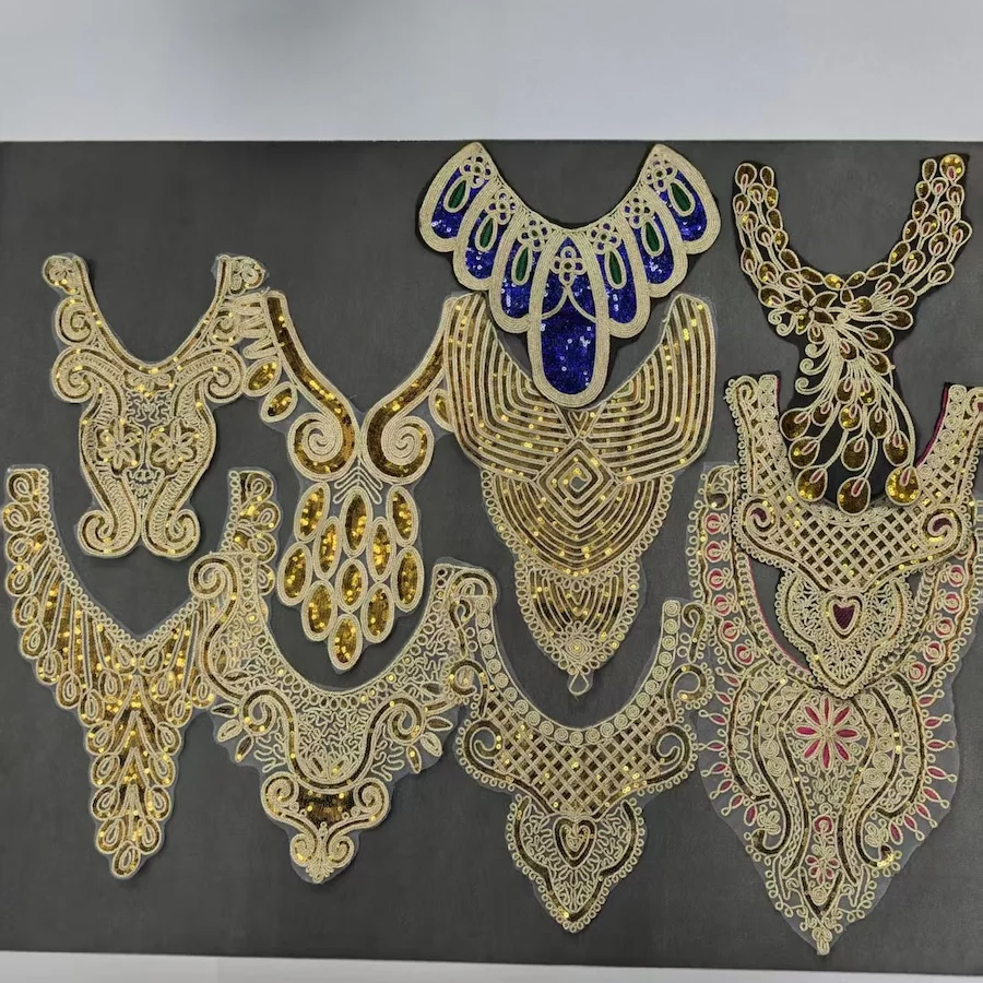 ZSY Embroidery Polyester Lace Collar Neck with Golden Powder Beads