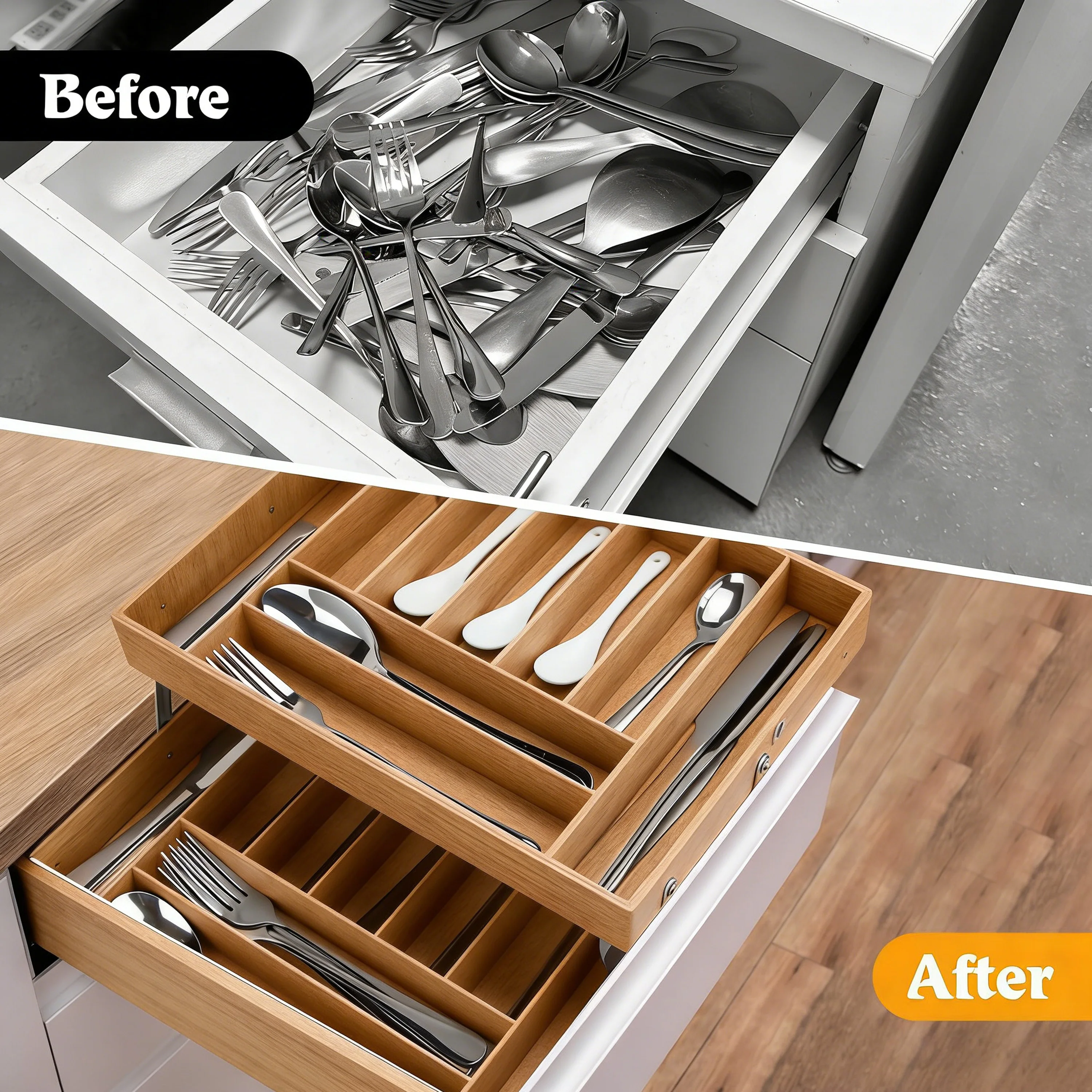 product custom  2 layer expandable tray multifunctional drawer organizer bamboo storage tray adjustable divider for office kitchen-7