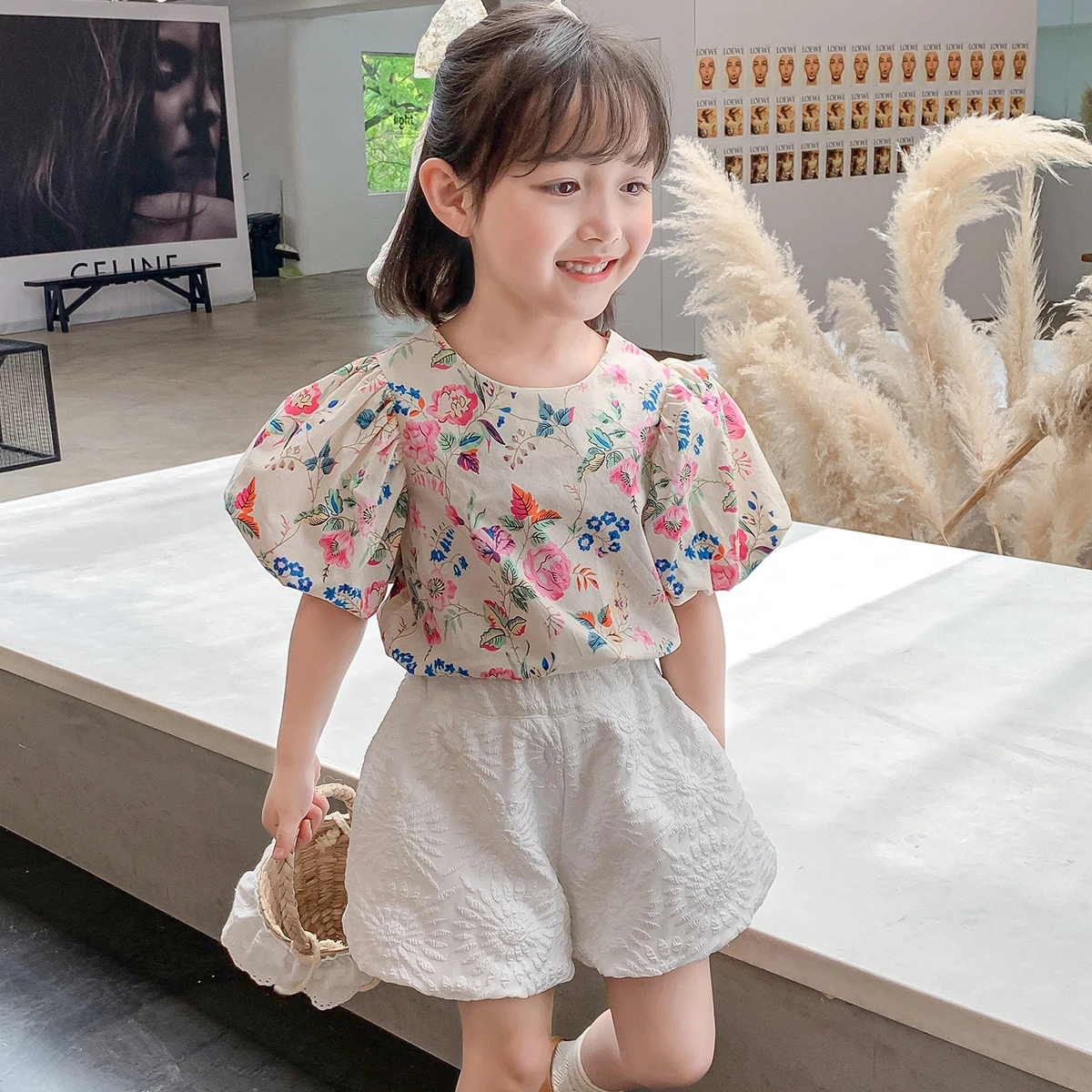 Summer Kids Clothes - Girls Floral Print Top & White Shorts