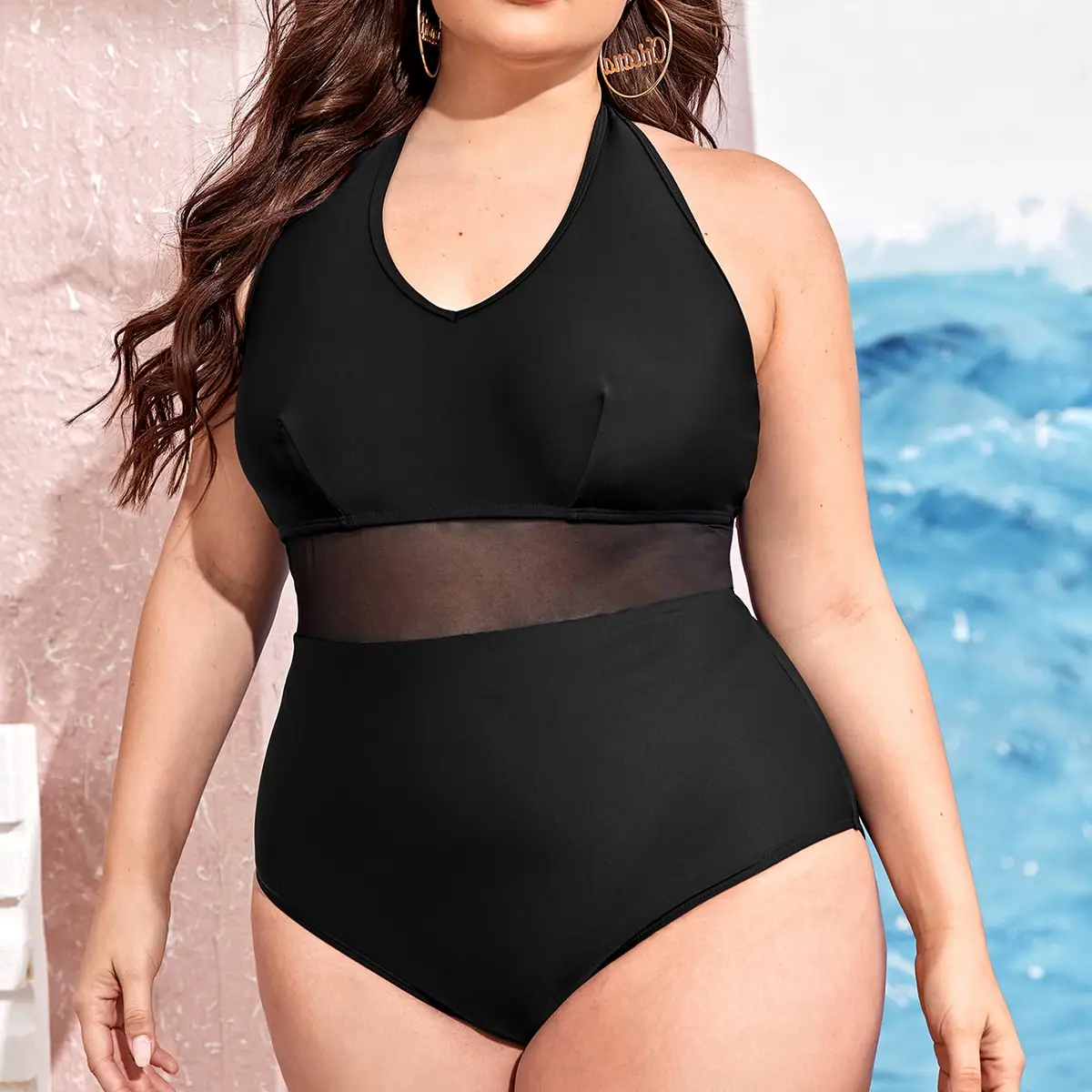 2022 new sexy one-piece solid color mesh splicing large women's Swimsuit Bikini plus fat plus size fat woman swimsuit