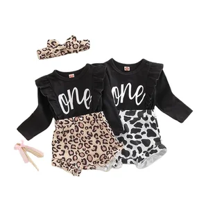 2022 Lovely Newborn Clothes Headband 2pcs Ruffles Long Sleeve Letter Leopard Patchwork Toddler Jumpsuit Baby Girls Romper