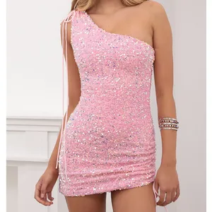 New Summer Homecoming Pink Sequins Casual Dresses Sexy Mini Fashion Ladies Evening Dress