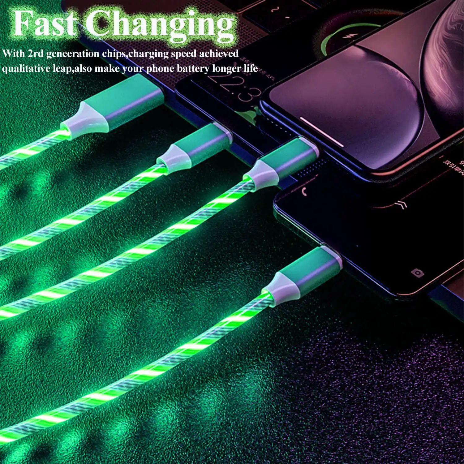 3 1 Durable Charging Cable Fast LED Flowing Light Charger IOS Type C Micro USB Android 5A Current Nylon Jacket Braid Shielding