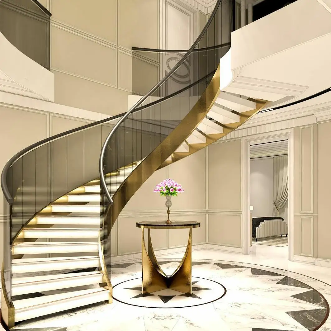 DB with Wrought Iron Balustrade Glass Railing Indoor 16mm Marble Tread High End Luxury Curved Stairs for America