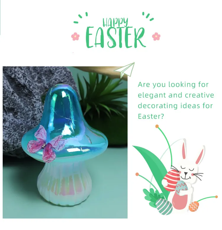 2024 Spring Easter Clear Glass Mushroom With Butterfly Rainbow Painted Warmth Light Glowing Home Decoration Festival Gifts factory