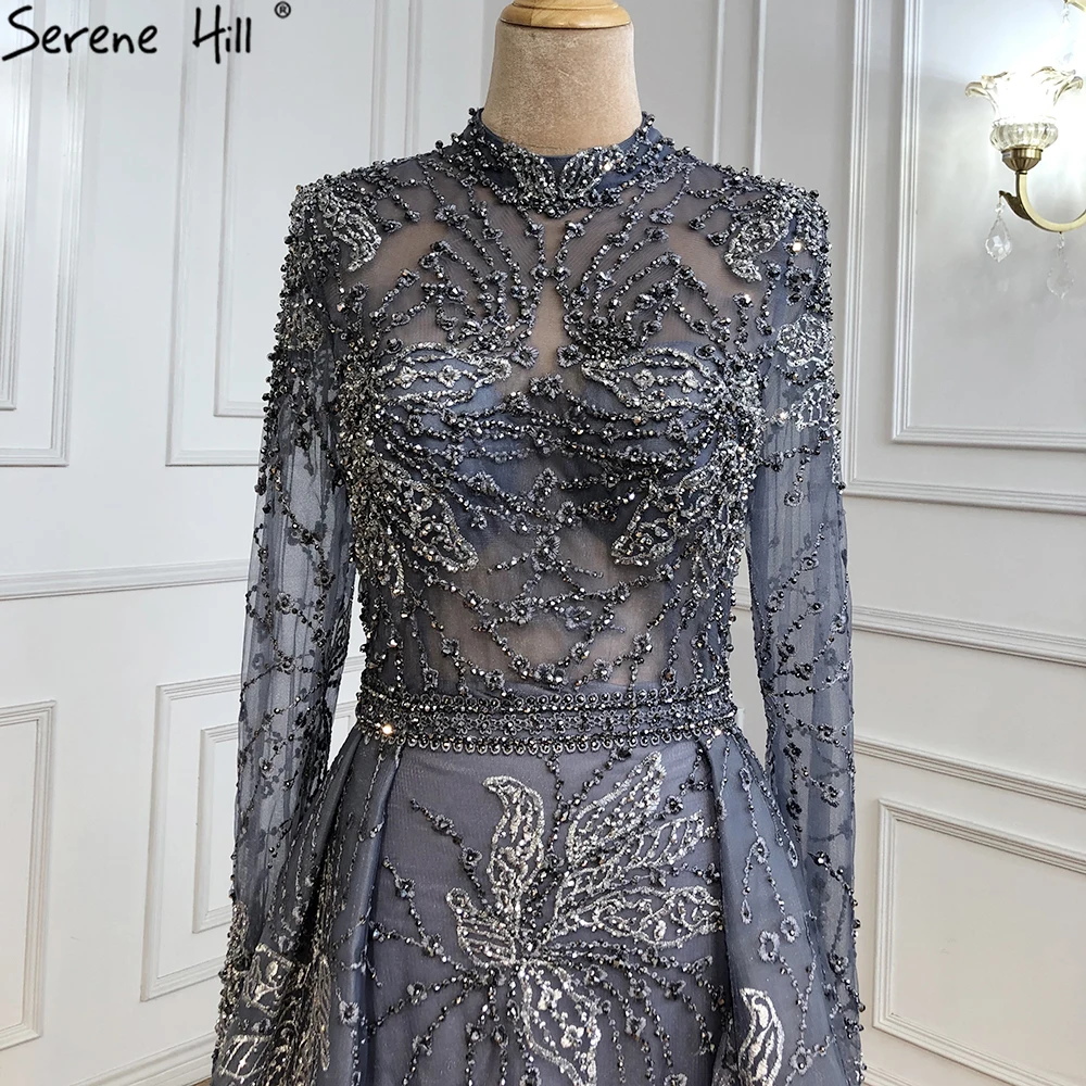 Shop Our Grey Blue Muslim High Neck Beaded Evening Dresses