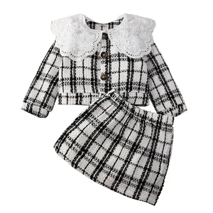 2021 Autumn Baby Girls Clothes Sets Plaid Printed Lace Peter Pan Collar Single Breasted Coat Skirts 2PCS Fall Outfits for Kids