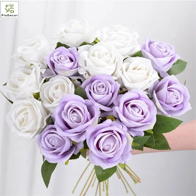 Best Artificial Rosa Singola In Seta Con Stelo – 45 Cm, Colore Bianco/Viola – Per Matrimoni, Casa, Decorazione
