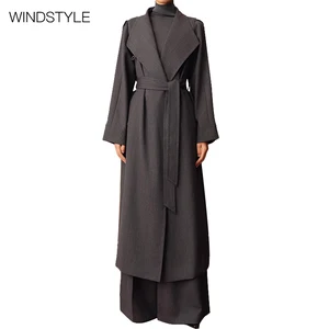Women's Custom Woolen Texture Two-Wear Air Lapel Blazer Winter Long Coat Lace-Strap Windproof Polyester Lining XS Size Casual