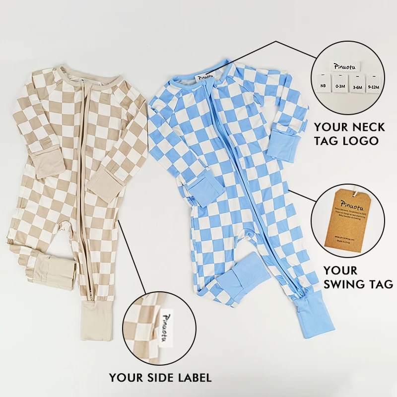 Pinuotu Baby Romper Bamboo Plaid 2-Way Zipper Jumpsuit Outfit Custom Neutral Toddler Sleepwear Rompers Kids 2pcs Clothing
