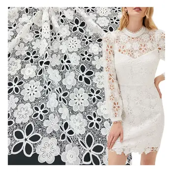 Hot Sale Ivory White Polyester Floral Embroidery Lace Fabric Chemical Water Soluble Lace Fabric for Lady Dress Embroidery Fabric