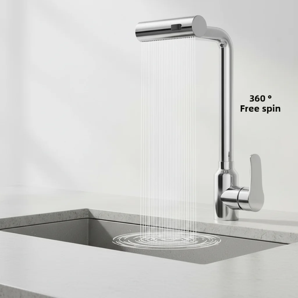 Home Kitchen Faucet Waterfall Pull-Out Spray Ceramic Valve Modern Design Splash-Proof Dual Temperature Vegetable Washing Basin
