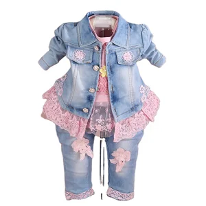 2019 Spring Autumn New Fashion Beautiful Flower Applique Lace Skirt Denim Set Girl Kids Clothing Children Clothes in Hot Selling