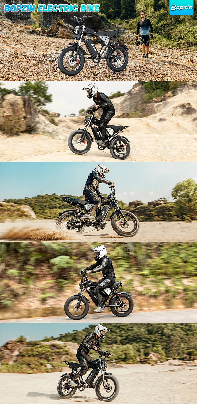 Bopzin Q20 full suspension fat tire electric bike in stealth black with motorcycle style frame