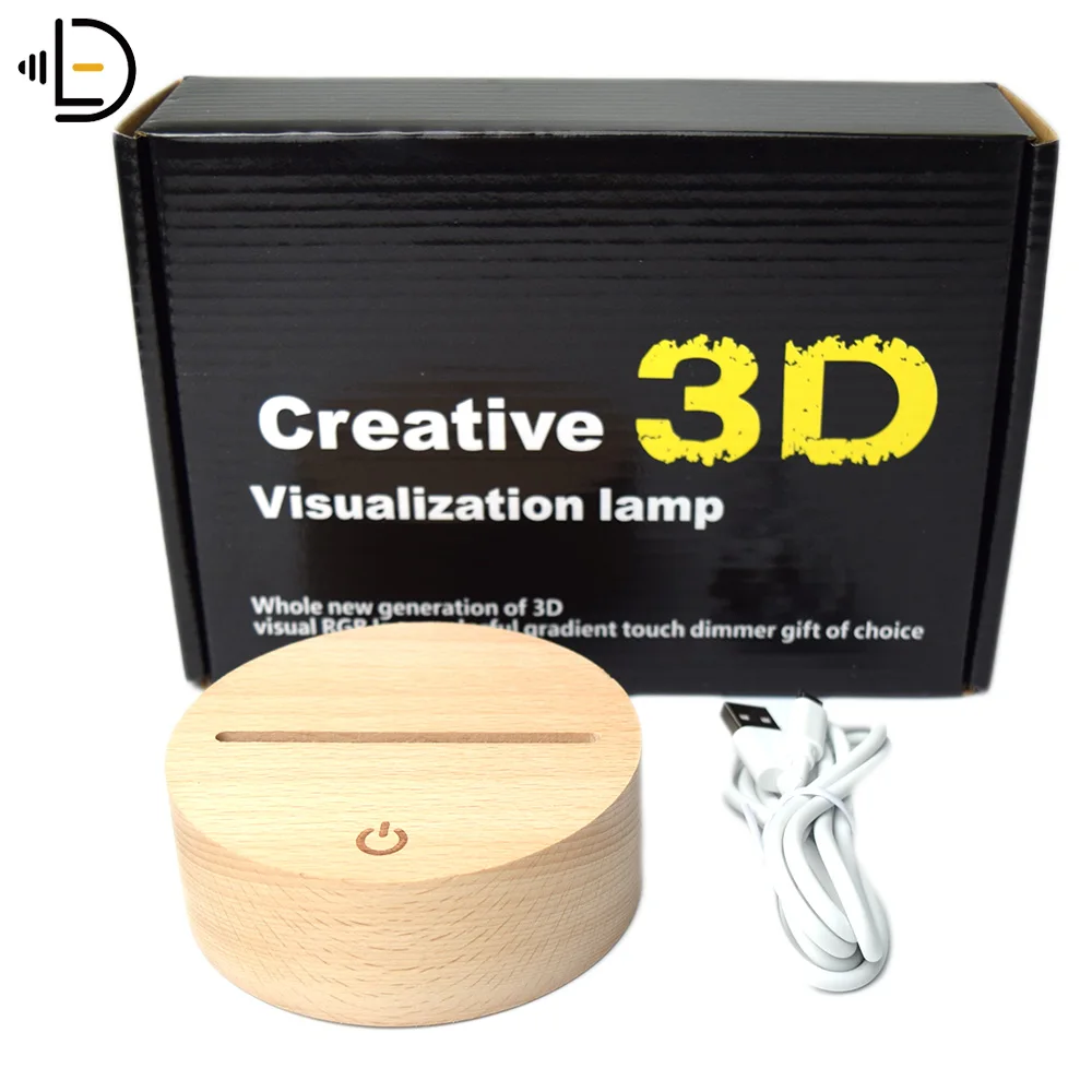 7 Color Changing RGB Round Wood Lamp Base for 3D Acrylic Visual LED Night Light USB AAA Battery Power