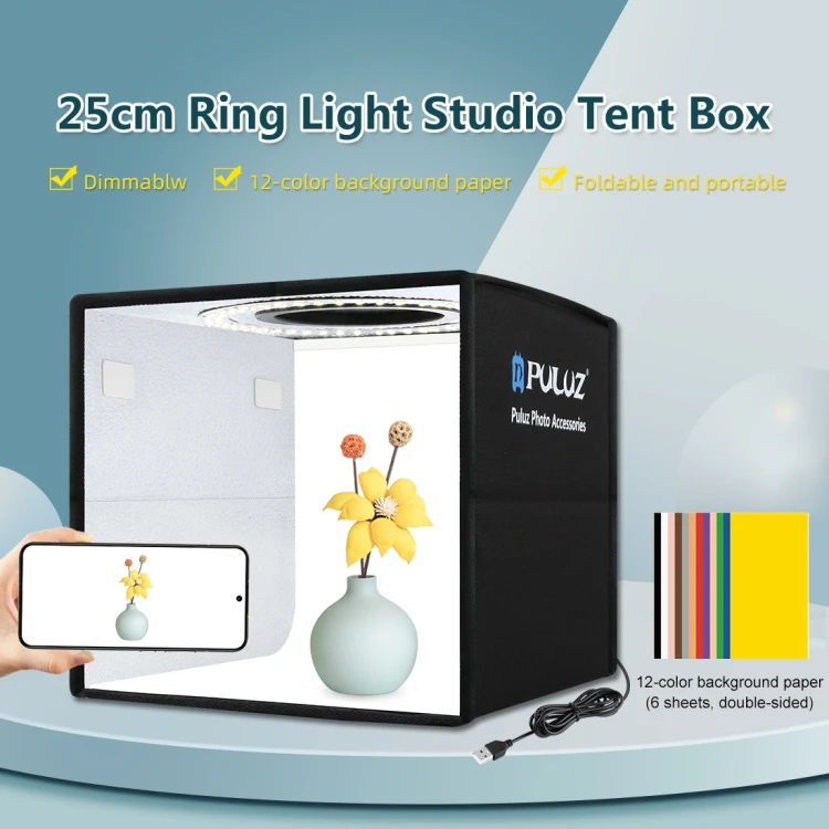 Photo Box PULUZ 25cm Photo Studio Box for Small Items Photography Accessories LED Light Box With 12 Colors Backdrops