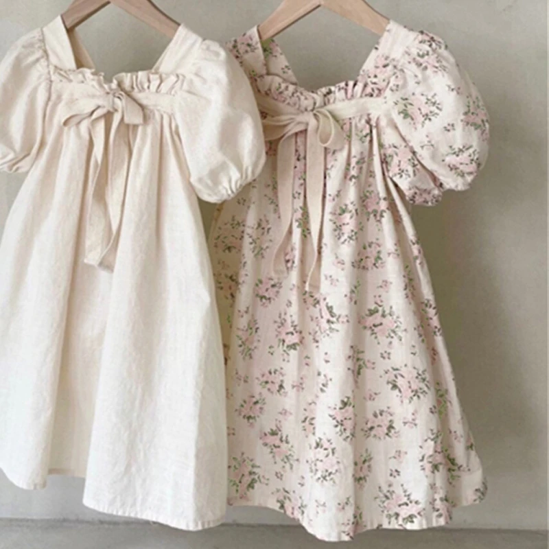 Q20427 Summer Boutique Square-neck Adjustable Bow Bubble Sleeves  Floral Print Dress for girl baby  Clothes Dress For Kids