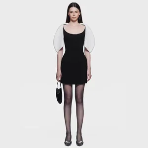 New Stock Arrival High-Quality Women's Black and White Color Block Puff Sleeve Short Dress Elegant Slim Fit Party Dress