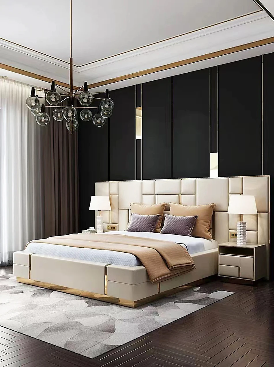 Luxury Italian Bedroom Queen King Size Bed Leather Metal Beds Set