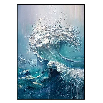 Luxury Minimalist Thick Textured Sea Wave Custom Large Framed Handmade Painting Wall Art Prints Decor Modern