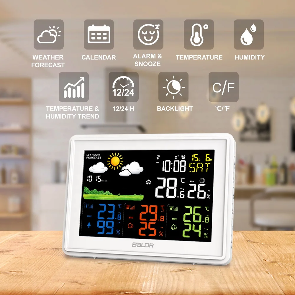 BALDR B0359 Radio Controlled Digital Color Forecast Weather Forecast Station Indoor Outdoor Sensors Weather Station Wireless
