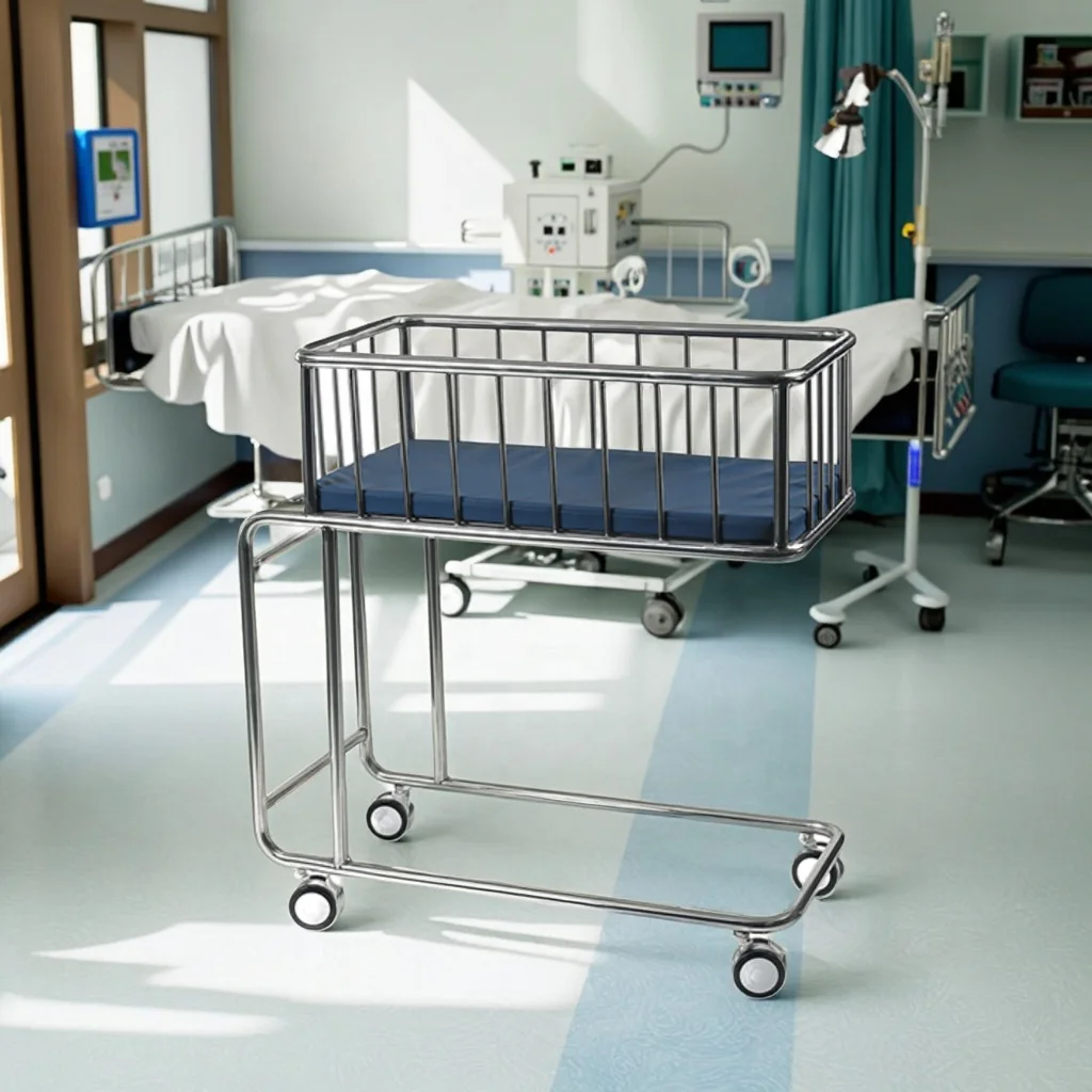 SUS304 Stainless Steel Medical Baby Crib Soft Leatherette Foldable Adjustable Durable Hospital Furniture Commercial School Use 2
