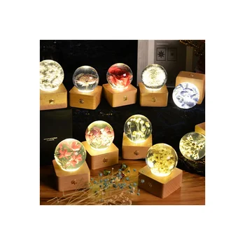 Tulip Decorative Square Wooden LED Night Light Bedroom USB Charging Touch Flower Specimen Crystal Ball Dandelion Night Light